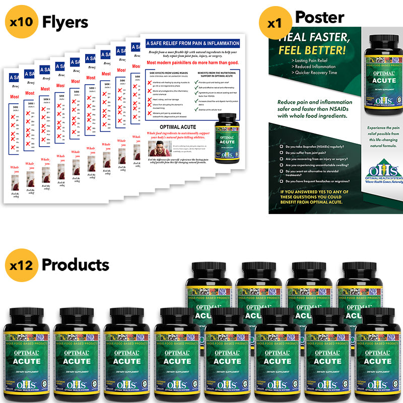 The image shows the ten flyers, one poster, and 12 bottles of Optimal Acute that come in the Acute EPED Bundle.