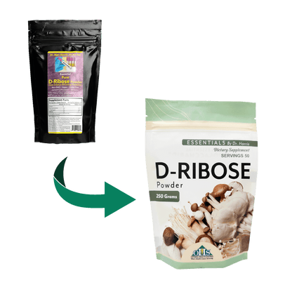 image of the old essentials D-Ribose bag with a green arrow pointing to the new D-Ribose bag