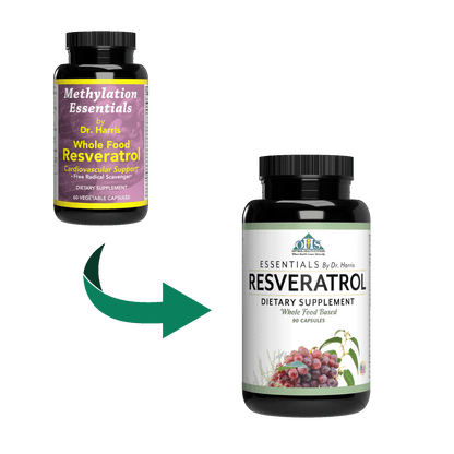 image of the old essentials Resveratrol Bottle with a green arrow pointing to the new Resveratrol Bottle