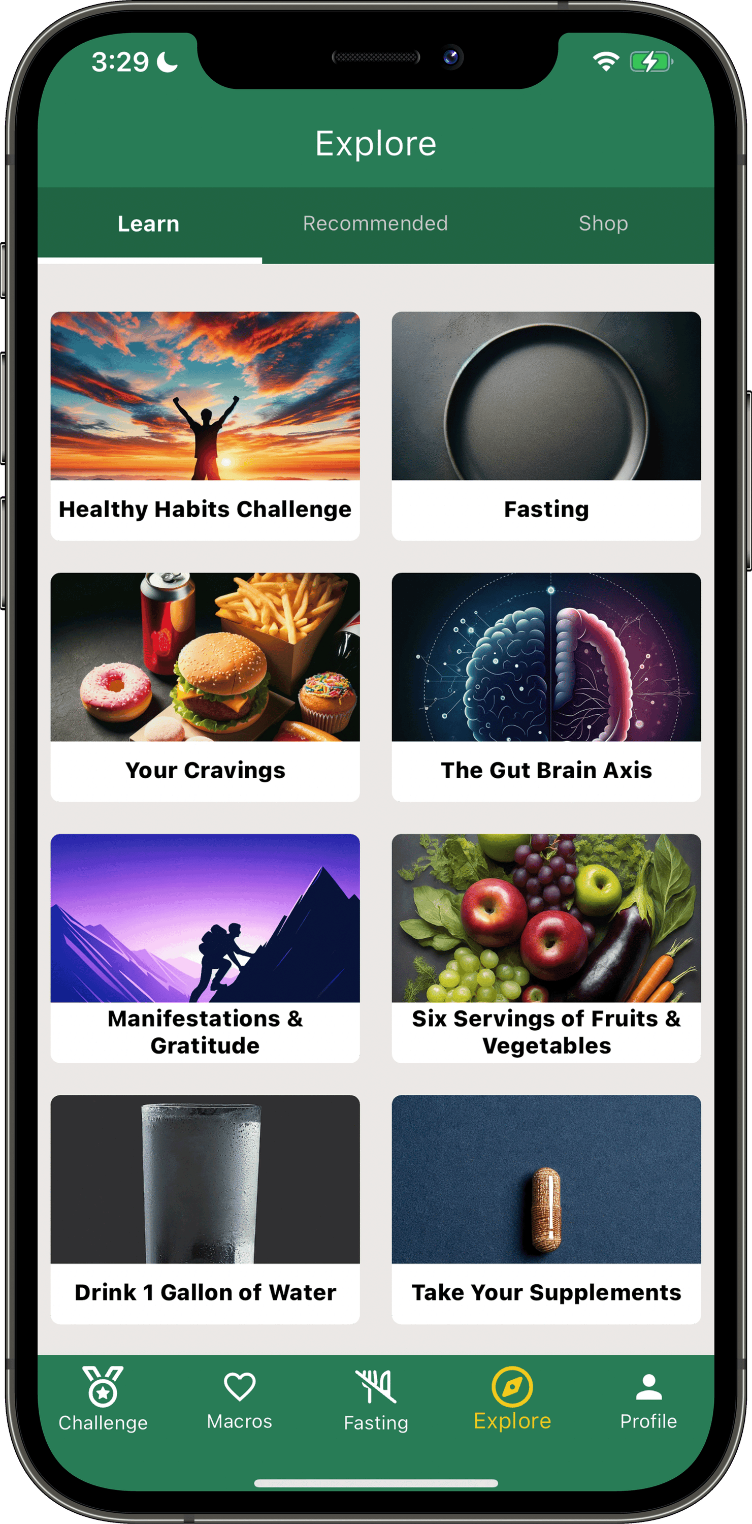 image of a phone showing the explore function on the Healthy Habit Tracker app.