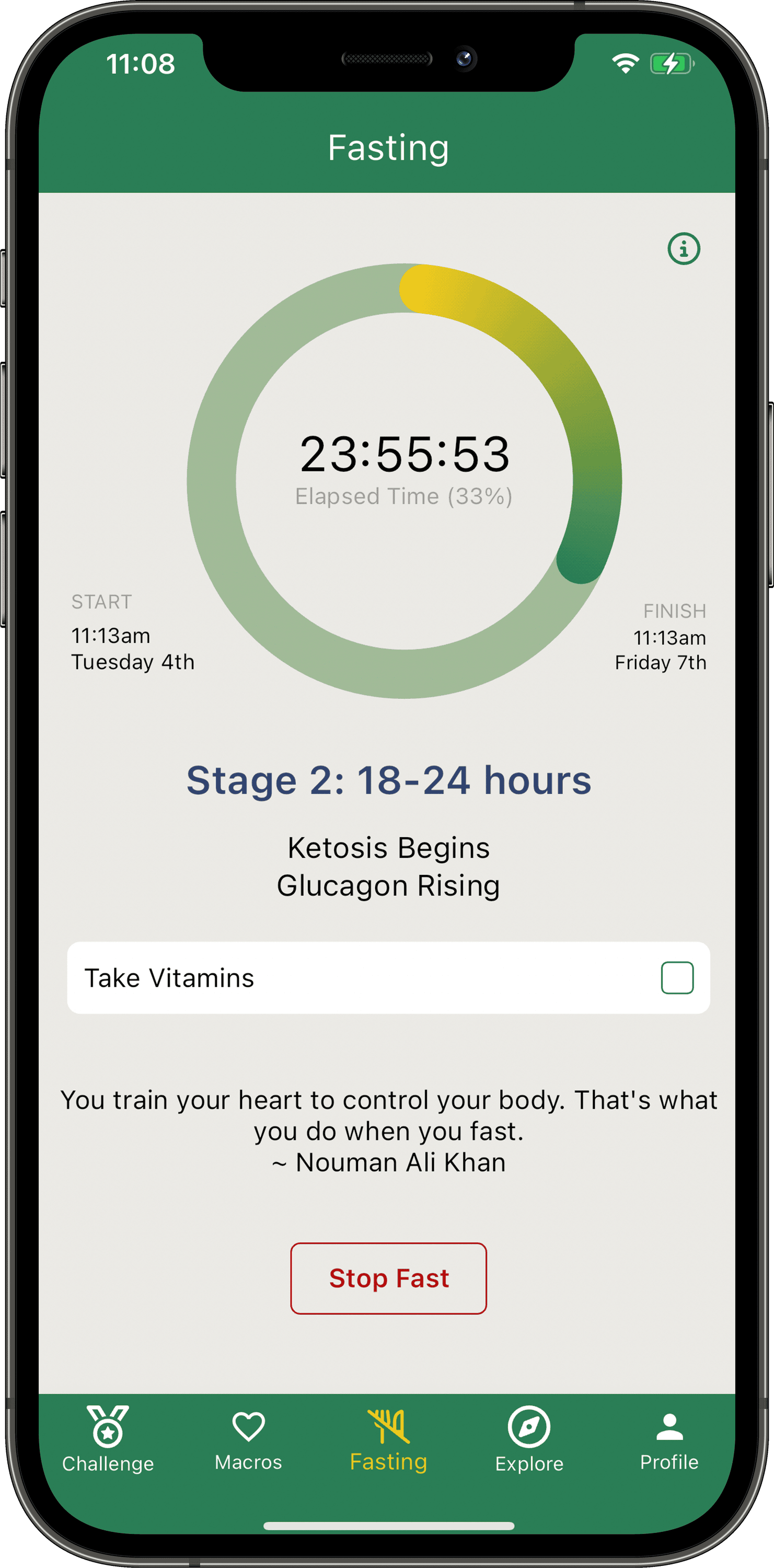 image of a phone showing the fasting function on the Healthy Habit Tracker app.