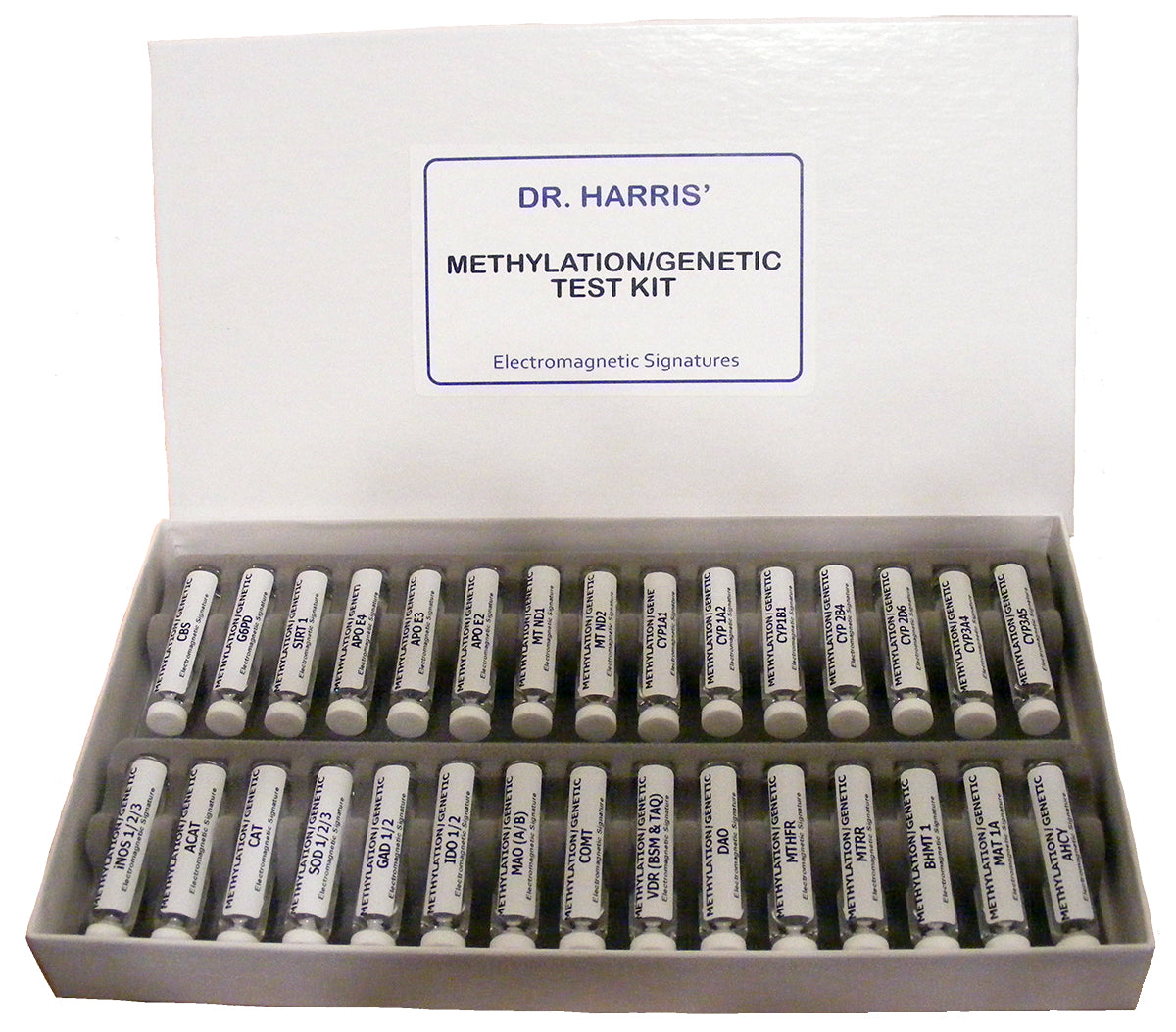 A picture of the inside of a DR. Harris Methylation/Genetic Test Kit. It has 30 labeled vials in it.