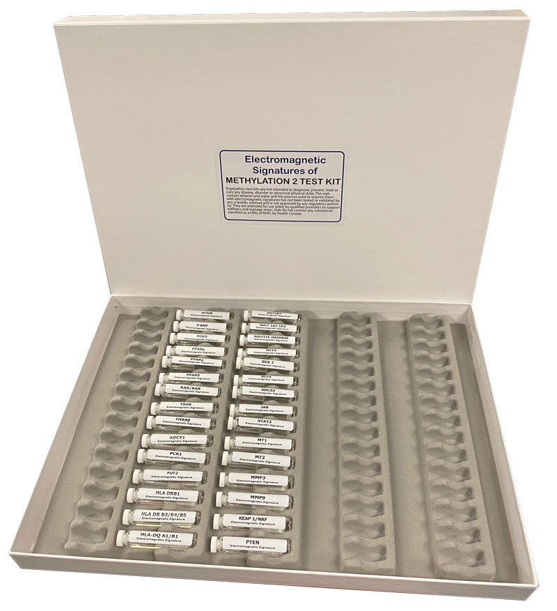 A picture of the inside of an Electromagnetic signatures of the Methylation 2 Test Kit. it has 30 labeled vials in it.