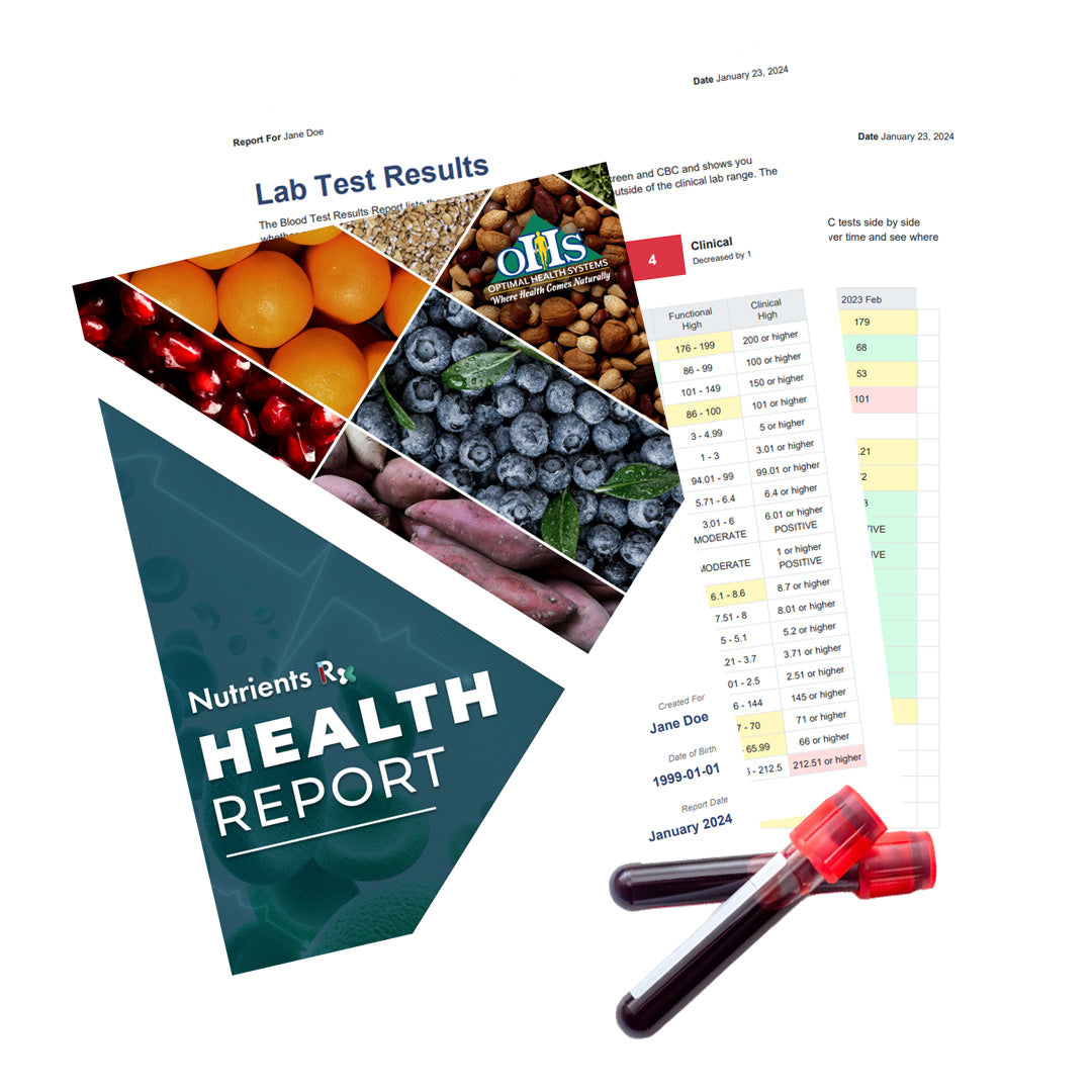 Image of a Nutrient RX Health Report and Lab Results with 2 blood vials