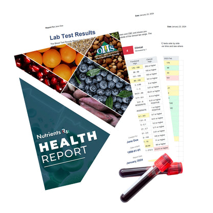 Image of a Nutrient RX Health Report and Lab Results with 2 blood vials