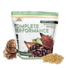 Bag of Optimal Complete Performance Exotic Chocolate, with soy beans and chocolate protein powder next to it.