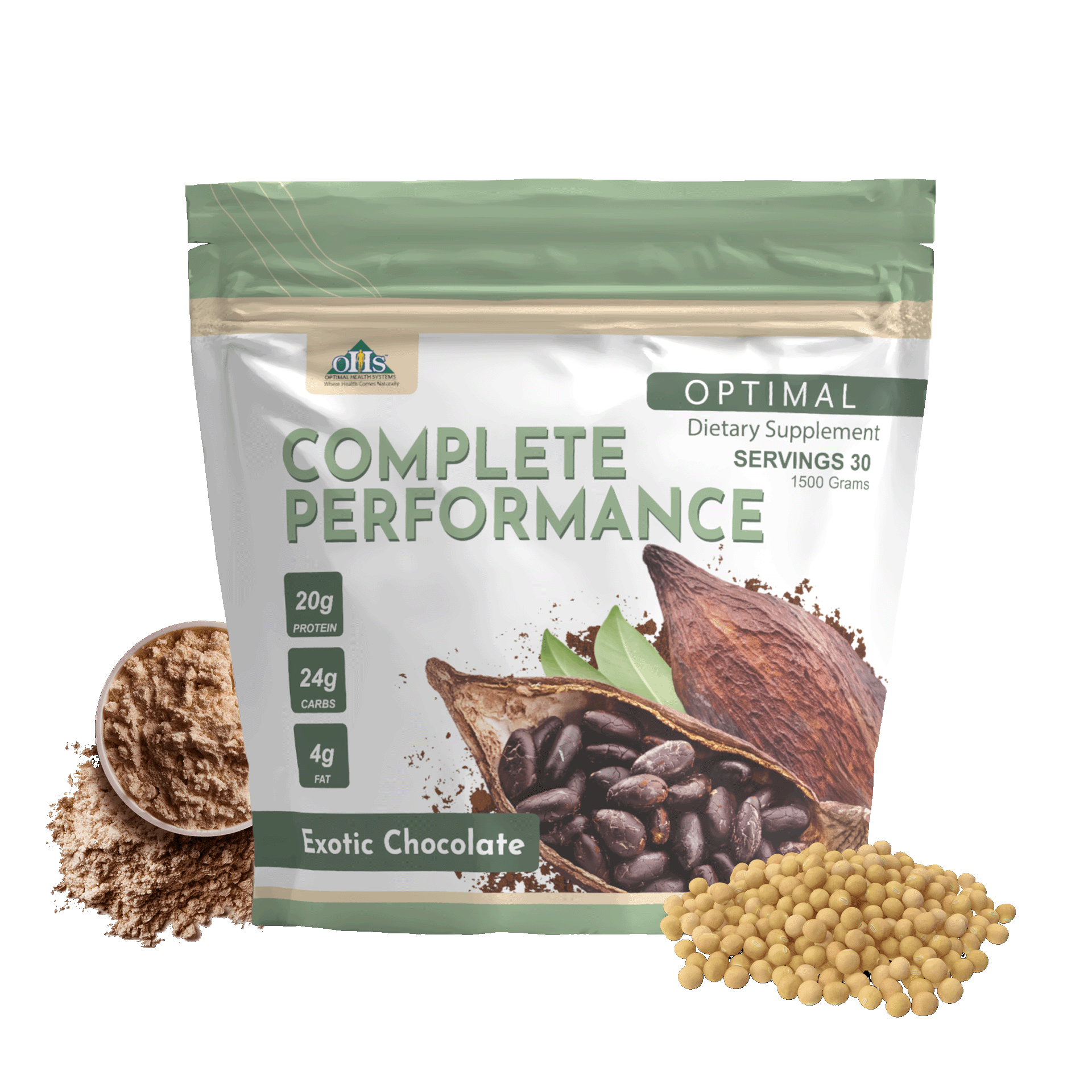 Bag of Optimal Complete Performance Exotic Chocolate, with soy beans and chocolate protein powder next to it.