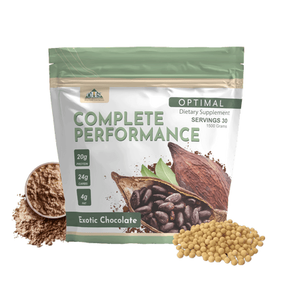 Bag of Optimal Complete Performance Exotic Chocolate, with soy beans and chocolate protein powder next to it.