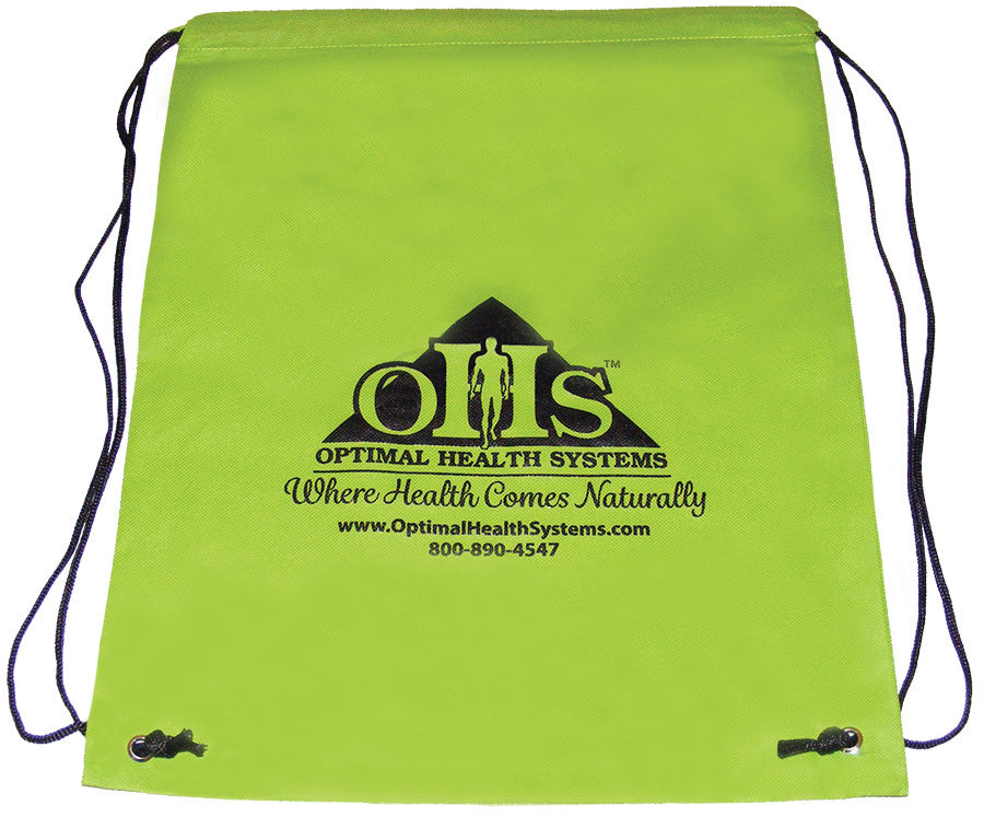 A neon green drawstring bag laid flat out with the OHS logo. Under the logo is text "www.OptimalHealthSystems.com 800-890-4547"