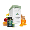 Image of an Optimal Exposure Protection Pak next to a bottle of Optimal Whole C and Optimal Zinc-Oxy Spray. Around the products are oranges and apples, dandelion, Himalayan rock salt, and turmeric.